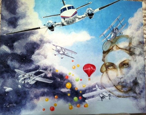 "le Ballon Rouge"
 format 100F.
 hommage à l'Histoire de l'Aviation.
 technique mixte, acrylique et huile